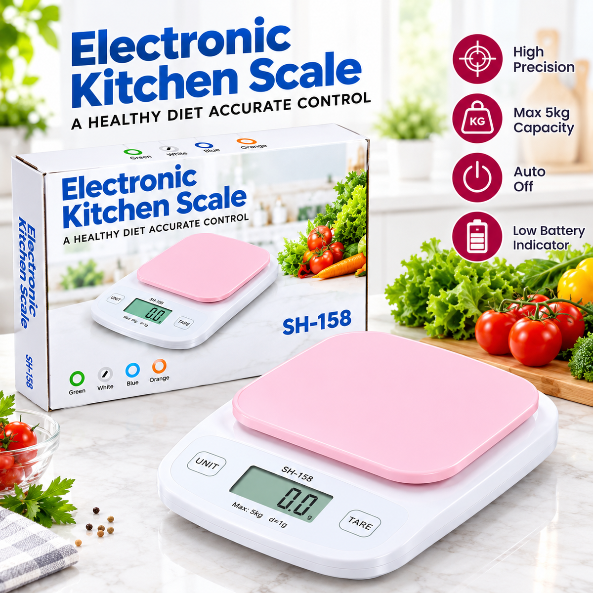 Digital Kitchen Scale SH-158 – High Precision Food Weighing Scale, 5KG Capacity with LCD Display, Tare & Auto-Off